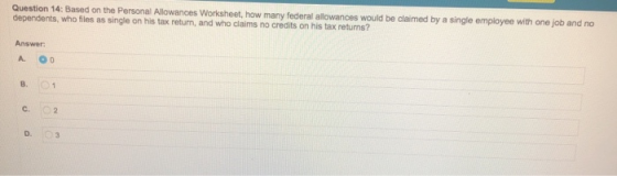 Question 14: Based on the Personal Allowances Worksheet, how many federal allowances would be claimed by a single employee wi