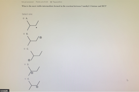 Not yet answered Points out of 5.00 P Pag question What is the most stable intermediate formed in the reaction between 3-meth