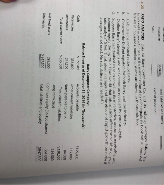 FIAEV Total assets $300,000 Total liabilities and equity Cost of goods sold Sales 4-23 RATIO ANALYSIS Data for Barry Computer