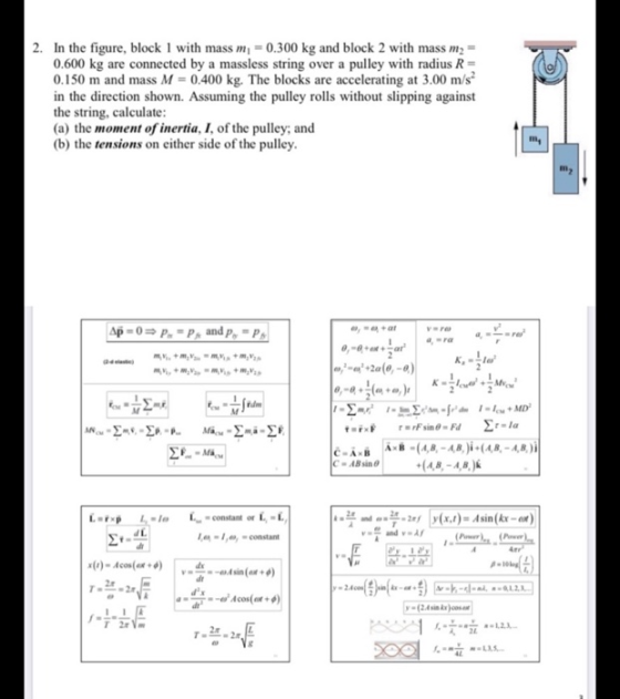 2. In the figure, block 1 with mass m = 0.300 kg and block 2 with mass m2 0.600 kg are connected by a massless string over a