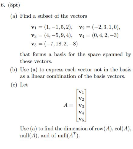 6. (8pt) (a) Find a subset of the vectors v1 = (1, -1,5,2), V2 = (-2,3,1,0), V3 =(4,-5, 9,4), V4 = (0,4,2, -3) V5 = (-7, 18,