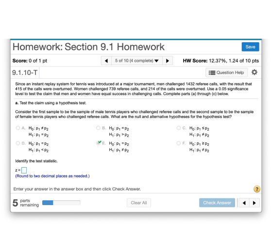 Homework: Section 9.1 Homework Save Score: 0 of 1 pt 5 of 10 (4 complete) HW Score: 12.37%, 1.24 of 10 pts 9.1.10-T Question