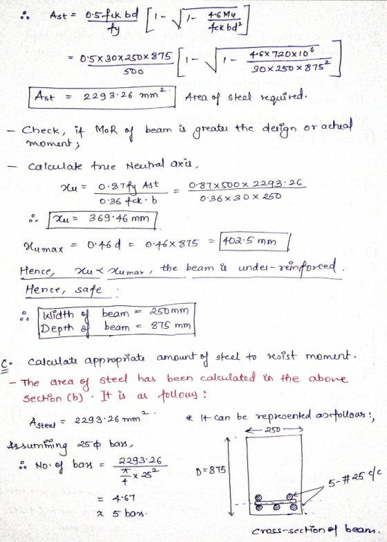 = 05x30x250x 275 500 46X 720x106 30x 250 *875 Ast = 2293.26 mm2] Area of steal required. - Check, it MoR of beam ở greater t