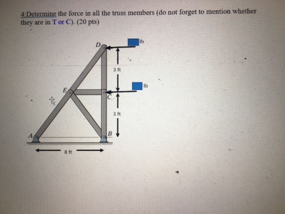 4:Determine the force in all the truss members (do not forget to mention whether they are in T or C). (20 pts) Ib D 3 ft Ib E