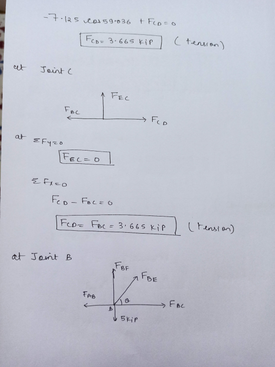 - 7-las cos59.036 + Fcp=0 Feo= 3.665 kip (tension) Joint c A FEC FBC L > FCD at EFyzo FEL=0 & freo FED - Focao FIDE FBC = 3.6