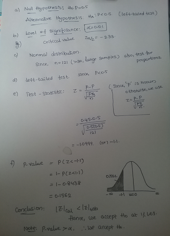 (left-tailed test) a.) Null Hypothesis Ho: P=0.5 Alternative Hypothesis: HA: P<0.S. b.) Level of significance Za/2 = -2.33. L