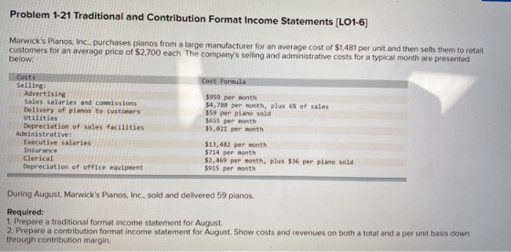 Problem 1-21 Traditional and Contribution Format Income Statements (L01-6] Marwicks Pianos, Inc., purchases planos from a la
