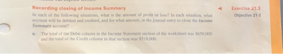 Exercise 21.3 Objective 21-3 Recording closing of Income Summary In each of the following situations, what is the amount of p