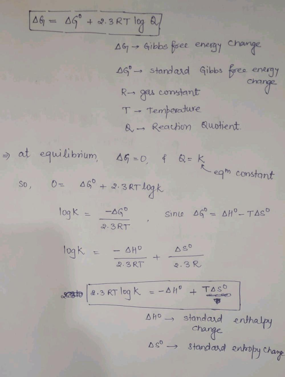 AG = AGO + 2.3 RT log af AG - Gibbs free energy change Agº – Standard Gibbs free energy R~ gas constant T - Temperature Q – R