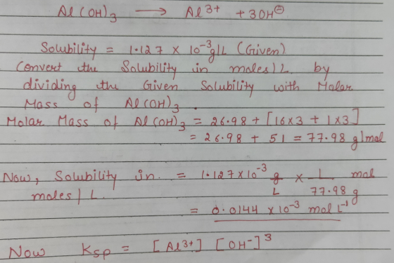 ALCOH - Al3+ + 3040 Solubility = Convert the dividing the Mass of Molar Mass of 1.127 x 10-3912 (Given) Solubility in moles)