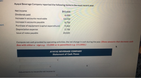 on- Ayayal Beverage Company reported the following items in the most recent year. Net income Dividends paid Increase in accou