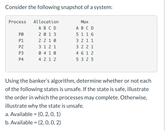 Consider the following snapshot of a system: Process РО P1 P2 P3 P4 Allocation A B C D 2013 2 2 1 0 3 1 2 1 0 4 1 0 4 2 1 2 M