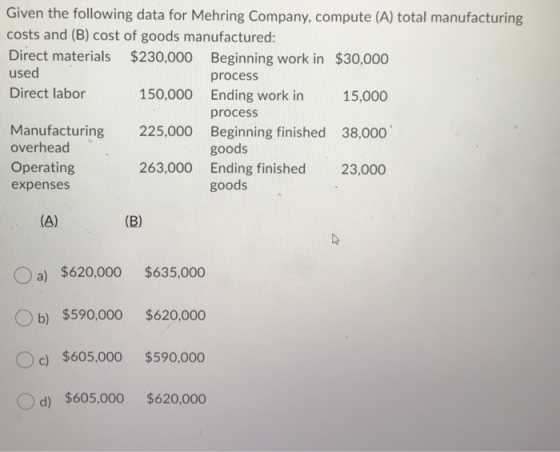 Given the following data for Mehring Company, compute (A) total manufacturing costs and (B) cost of goods manufactured: Direc