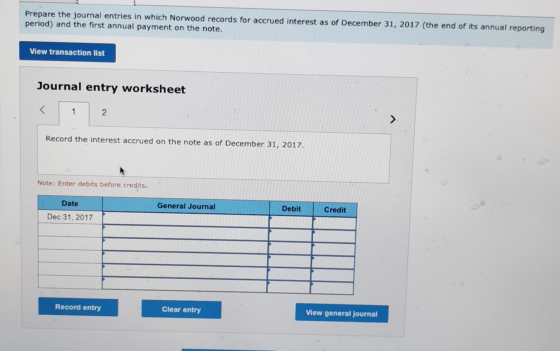 Prepare the journal entries in which Norwood records for accrued interest as of December 31, 2017 (the end of its annual repo