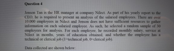 Question 4 Jenson Tan is the HR manager at company Nilect. As part of his yearly report to the CEO, he is required to present an analysis of the salaried employees. There are over 10,000 employees in Nilect and Jenson does not have sufficient resources to gather information on each salaried employee. As such, he selected a random sample of 30 employees for analysis. For each employee, he recorded monthly salary, service at Nilect in months, years of education obtained, and whether the employee has a technical or clerical job (1-technical job, 0-clerical job) Data collected are shown below: