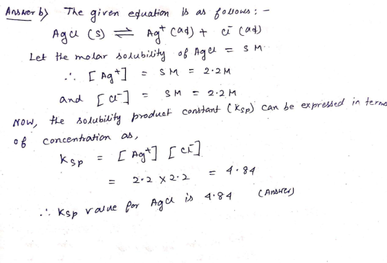 - Answer by The given equation is as follows: Agce (s) Agt cad) + ci (ad) . Let the molar solubility of Agee =sm. [ Ag+] - SM