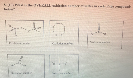 5. (10) What is the OVERALL oxidation number of sulfur in each of the compounds below? ..00 Oxidation number: Oxidation numbe