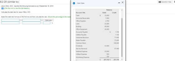 E2-28 (similar to) Question Help X i Data Table Jason Hilton, M.D., reported the following trial balance as of September 30,