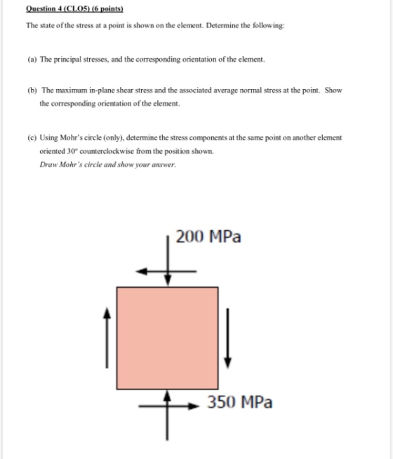 Question 4 (CLO5) (6 points) The state of the stress at a point is shown on the element. Determine the following: (a) The pri