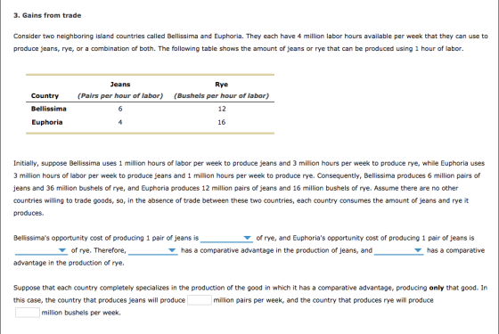 3. Gains from trade Consider two neighboring island countries called Bellissima and Euphoria. They each have 4 million labor hours available per week that they can use to produce jeans, rye, or a combination of both. The following table shows the amount of jeans or rye that can be produced using 1 hour of labor eans Country(Pairs per hour of Iabor) Bellissima Euphoria Rye (Bushels per hour of labor) 12 16 4 Initially, suppose Bellissima uses 1 million hours of labor per week to produce jeans and 3 million hours per week to produce rye, while Euphoria uses 3 million hours of labor per week to produce jeans and 1 million hours per week to produce rye. Consequently, Bellissima produces 6 million pairs of jeans and 36 million bushels of rye, and Euphoria produces 12 million pairs of jeans and 16 million bushels of rye. Assume there are no other countries willing to trade goods, so, in the absence of trade between these two countries, each country consumes the amount of jeans and rye it produces Bellissimas opportunity cost of producing 1 pair of jeans is of rye, and Euphorias opportunity cost of producing 1 pair of jeans is of rye. Therefore has a comparative advantage in the production of jeans, and has a comparative advantage in the production of rye Suppose that each country completely specializes in the production of the good in which it has a comparative advantage, producing only that good. In this case, the country that produces jeans will produce million pairs per week, and the country that produces rye will produce million bushels per week