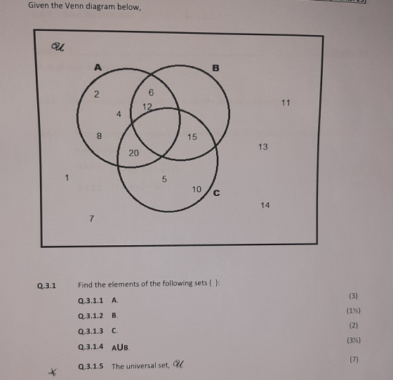 Given the Venn diagram below, u А B 2. 6 12 11 4 8 15 13 20 1 5 10 с 14 7 Q.3.1 Find the elements of the following sets { }: