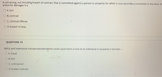 A civil wrong, not including breach of contract, that is committed against a person or property for which a court provides ac