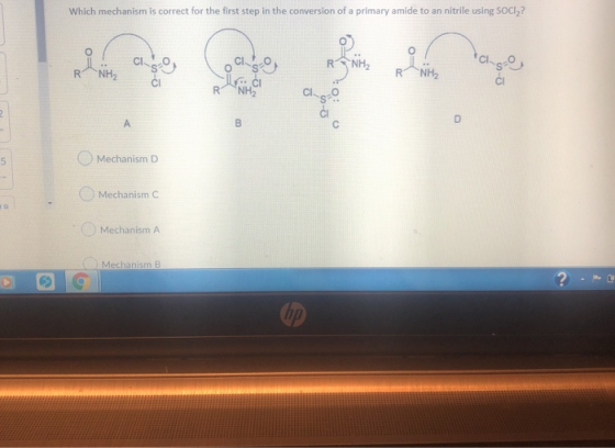 Which mechanism is correct for the first step in the conversion of a primary amide to an nitrile using SOCI? les LCI RNH :0: