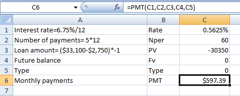 fe =PMT(C1,C2,C3,C4,C5) Сб 1 Interest rate=6.75%/12 2 Number of payments= 5*12 3 Loan amount= ($33,100-$2,750)*-1 0.5625% Rat