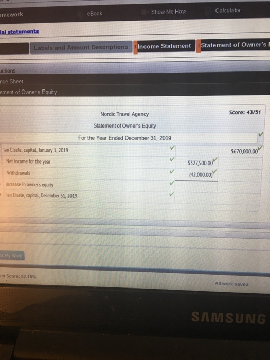 Show Me How Calculator mework eBook al statements Labels and Amount Descriptions Income Statement Statement of Owners ctions nce Sheet ement of Owners Equity Score: 43/31 Nordic Travel Agency Statement of Owners Equity For the Year Ended December 31, 2019 lan Eisele, capital, January 1, 2019 $670,000.00 Net income for the year 327,500.00 42,0000 Increase in owners equity lan Eisele, capital, December 31, 2019 nt Score: 82.16% All work saved. SAMSUNG