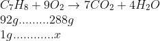 \\ C_7H_8+9O_2\rightarrow 7CO_2 + 4H_2O\\ 92g.........288g\\ 1g............x