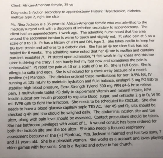 Client: African-American female, 35 yo Diagnosis: Infection secondary to appendectomy History: Hypertension, diabetes mellitu
