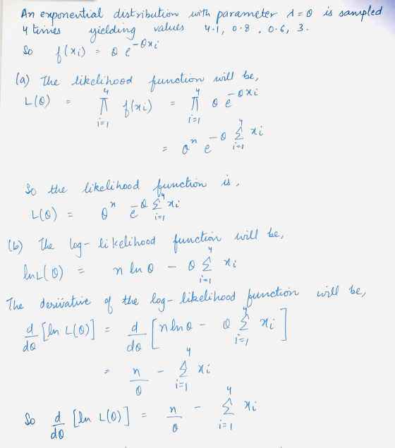 3. values -Oxi o e Lo An exponential distribution with parameter duo is sampled 4 times yielding 4.1, 0.8 , 0.6, f(xi) (a) Th