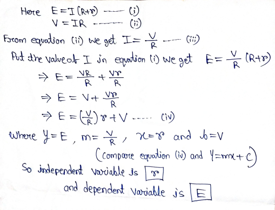 Here E=I (R47) V=IR (0) C) (175) Forom equation (ii) we get I= ☆ Put the valve at I jn equation (i) we get E= Ř (R+r) = E= VR