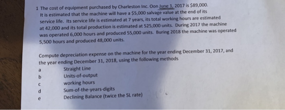 1 The cost of equipment purchased by Charleston Inc. Oon June 1, 2017 is $89,000. It is estimated that the machine will have