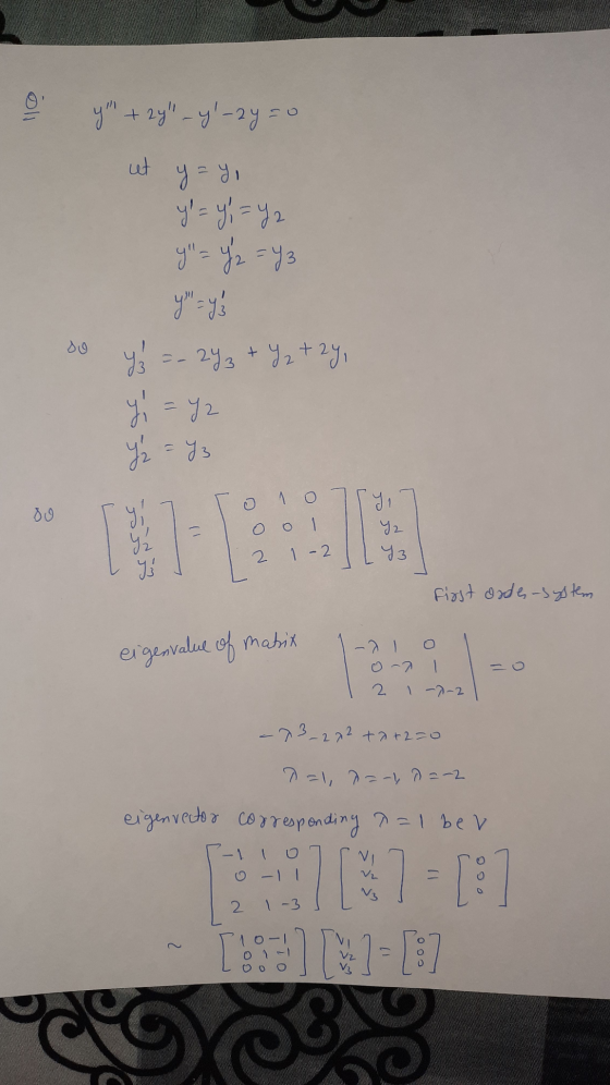 oli y + 2y -yl-2y=0 net y = y, y = y2 =43 y = y} ys =-24 3 + ₂ + 2y, y = y2 1 o y Y2 73 Y 2 1-2 First orde, system eigenval