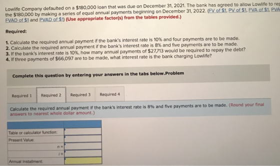 Lowlife Company defaulted on a $180,000 loan that was due on December 31, 2021. The bank has agreed to allow Lowlife to re th