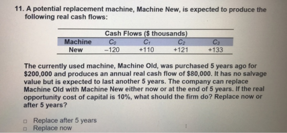 11. A potential replacement machine, Machine New, is expected to produce the following real cash flows: Machine New Co -120 Cash Flows ($ thousands) C1 +110 C2 +121 C3 +133 The currently used machine, Machine Old, was purchased 5 years ago for $200,000 and produces an annual real cash flow of $80,000. It has no salvage value but is expected to last another 5 years. The company can replace Machine Old with Machine New either now or at the end of 5 years. If the real opportunity cost of capital is 10%, what should the firm do? Replace now or after 5 years? o Replace after 5 years o Replace now
