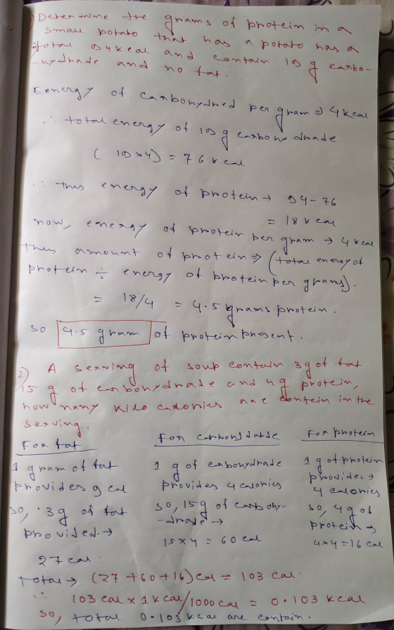 Determine sman potato Norau ams of protein in a a potato and contain canbo. no tat. nydrade sukeal and is g Carbonydred pen c