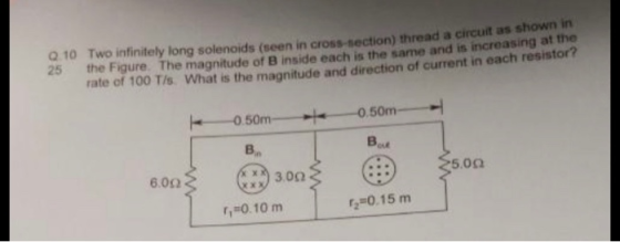 Q TO TWO infinitely long solenoids (seen in cross-section) thread ach the figure. The magnitude of B inside each is the same
