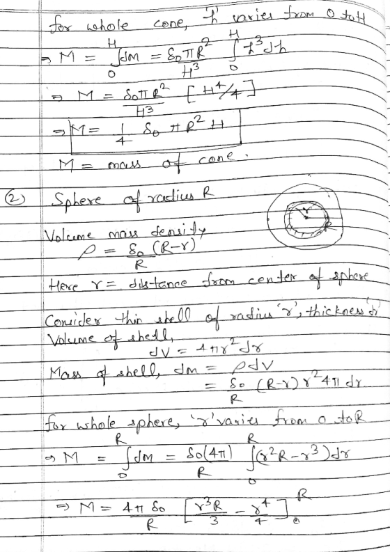13 & for whole cone t varies from 0 tot AM = Jum = STR² I 23h | 0 6 a M = Sotka [44] M= 1 So #R² H ) I M = mass of cone. Sphe