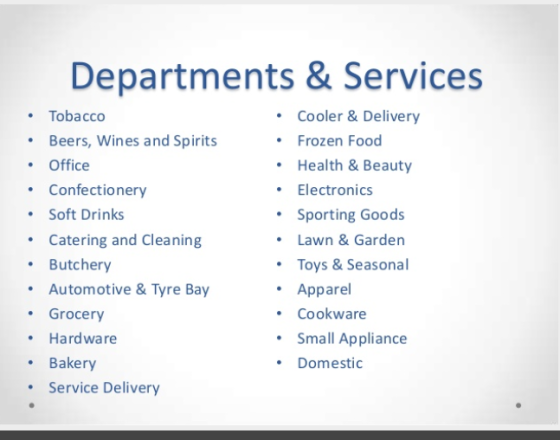 Departments & Services Cooler & Delivery Frozen Food Health & Beauty Tobacco Beers, Wines and Spirits Office Confectionery El