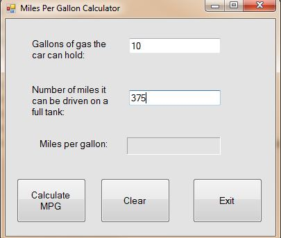 Miles Per Gallon Calculator Gallons of gas the 10 car can hold: Number of miles it can be driven on a full tank: 375 Miles pe