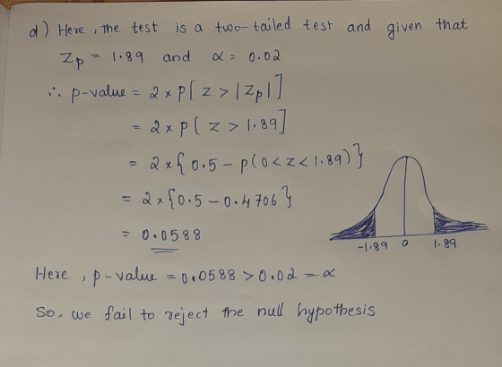 given that x = 0.02 d) Here, the test is a two-tailed test and Zp= 1.89 and .. p-value= ax Plz > 1 2p 1] 2 x Plz> 1.89 2 x 0.