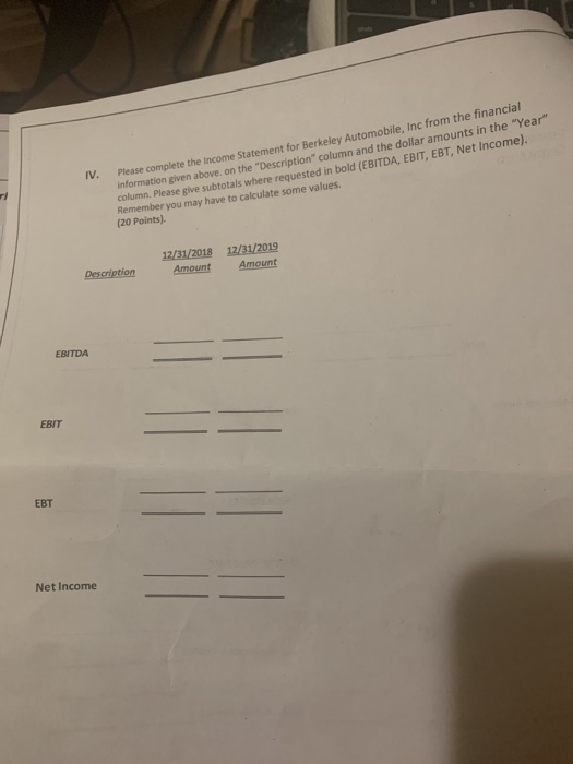IV. Please complete the income Statement for Berkeley Automobile, Inc from the financial information given above, on the Des