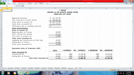 х XI - 95 Process Costing - Microsoft Excel (Product Activation Failed) File Home Insert Formulas Data Review View ♡ Page Lay