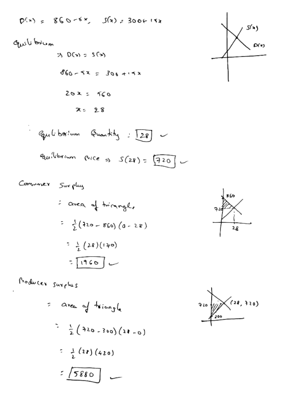 pring = 860-ox, 8(x) = 30of 18 quilibrium 700) = S() 860-52 = 306 +% 204: 160 2 28 equlibosium Quantity : [28] - quilibrium P