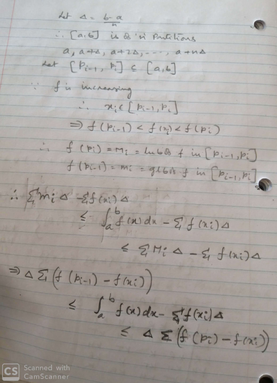 Let 4 = .Sait] is & n Partilians atna a, at4, a+24,-- [ Pint, Pi] s [ait] het fü increasing f(Pi) =M: lubB f in [bici,bi] 9.