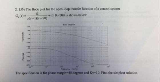 215% The Bode plot for the open-loop transfer function ofa control system s(s+DG+20) with K-200 is sho s(s+ 1)(s+ 20) Bode Dagram Prequeney (rads) The specification is for phase margin-45 degrees and Kv-10. Find the simplest solution.