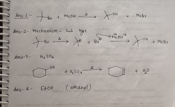 AM-1- to + MeOH OH + Mebe Ans-2. Mechanism. Sul type. To t-Br ^> yo + B. BMCOH LOH & Me Br Oy > Ans-3- H₂SO4 dainuo OH + H₂SO