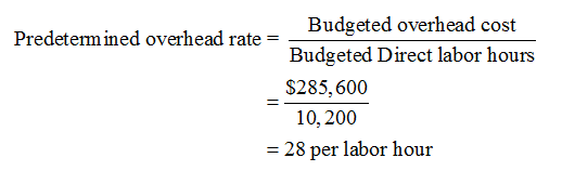 Budgeted overhead cost Predetermined overhead rate = Budgeted Direct labor hours $285,600 10,200 = 28 per labor hour